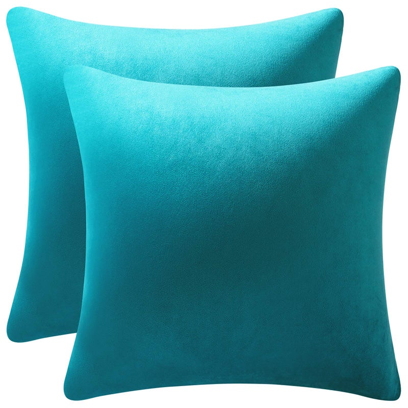 DEZENE Throw Pillow Cases 18x18 Turquoise: 2 Pack Cozy Soft Velvet Square Decorative Pillow Covers for Farmhouse Home Decor - Image 1